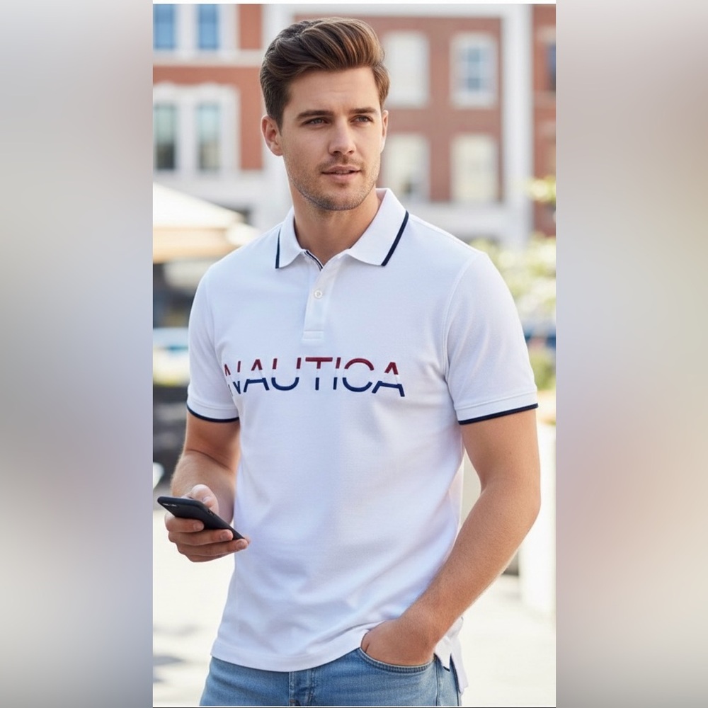 Nautica white with red/blue trim collared polo shirt, logo and chest print, Med